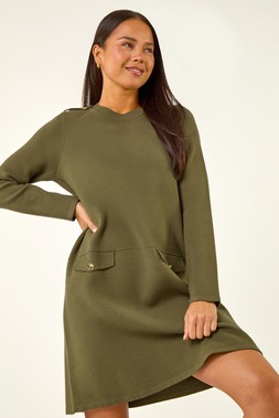 Roman Petite Khaki Buttoned Knit Dress