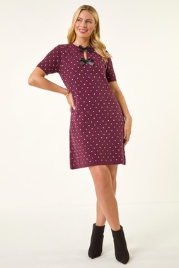 Roman Petite Plum Polka Dot Knit Dress