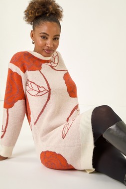 Roman Dark Orange Rose Print Knitted Shift Dress