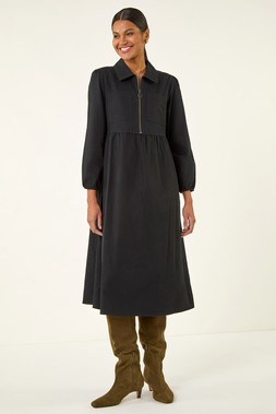 Roman Black Zip Front Collared Midi Dress