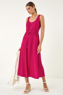 Roman Cerise Buttoned Tie Waist Midi Dress
