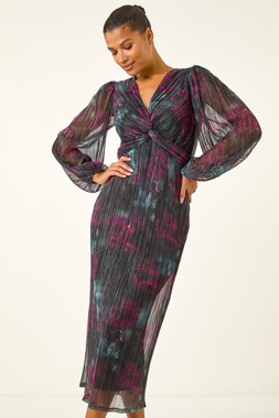Roman Black Printed Plisse Twist Front Midi Dress