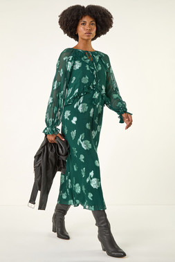 ROman Green Floral Brocade Frill Midi Dress