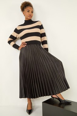 Roman Black Stripe Knit Pleated Dress