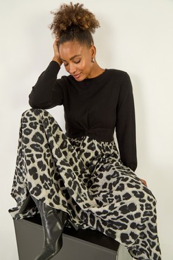 Roman Grey Animal Print Twist Front Midi Dress