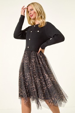 Roman Petite Black Animal Knitted Mesh Dress