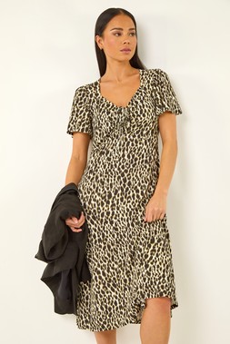 Roman Petite Khaki Animal Print Drawstring Midi Dress