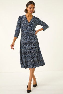 Blue Speckled Twist Front Dress