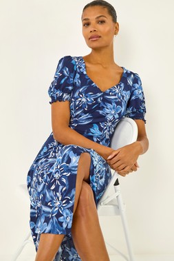 Roman Blue Floral Print Ruched Stretch Midi Dress
