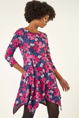 Roman Pink Floral Print Hanky Hem Dress