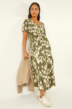 Roman Petite Khaki Abstract Print Tiered Midi Dress