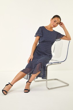 Roman Petite Navy Spot Frill Hem Dress