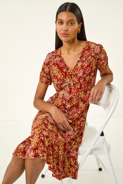 Roman Red Floral Print Button Stretch Tea Dress