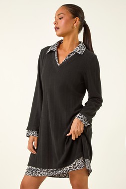 Roman Black Petite Leopard Collar Knit Dress