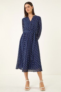 Roman Navy Spot Print Pleated Midi Dress