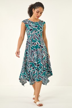 Roman Leaf Print Hanky Hem Maxi Dress