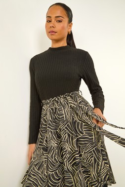 Roman Petite Black Animal Print Tie Front Knit Dress