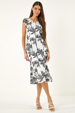 Roman Ivory Palm Print Lace Godet Hem Dress