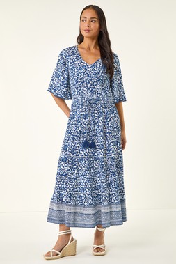 Roman Petite Blue Print Tassel Tie Waist Midi Dress