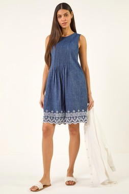 Roman Denim Embroidered Hem Smock Dress