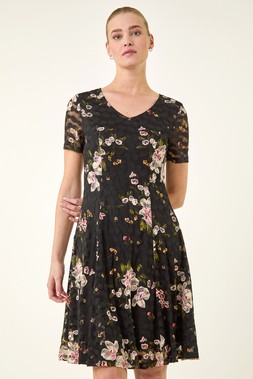 Roman Black Floral Print Lace Stretch Dress
