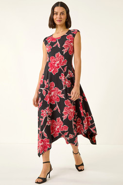 Roman Black Floral Print Stretch Midi Dress