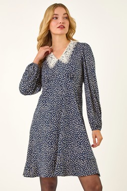 Dusk Navy Lace Collar Spot Print Dress