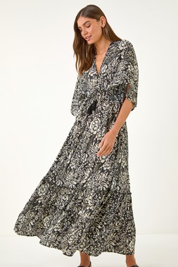 Roman Black Boho Floral Print V-Neck Maxi Dress