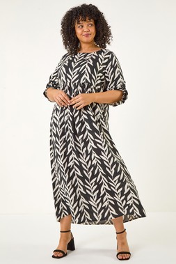 Roman Curve Black Leaf Print Woven Dress