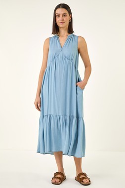 Roman Denim Tiered V-Neck Midi Dress