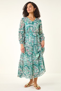 Roman Printed Metallic Tie Waist Maxi Dress