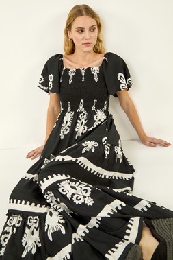 Roman Black Border Print Shirred Maxi Dress