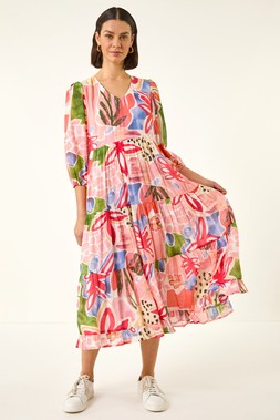 Roman Abstract Print Tiered Dress