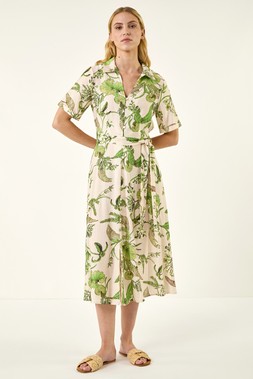 Roman Green Floral Tie Waist Shirt Dress