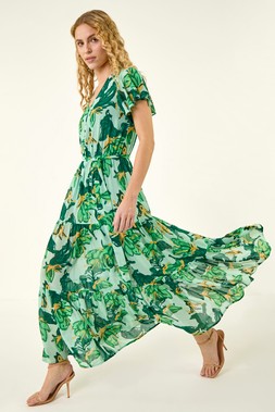 Roman Green Floral Tiered Tie Waist Dress