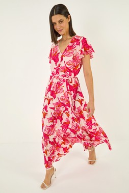 Roman Floral Tiered Tie Waist Midi Dress