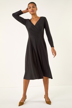 Roman Black Gathered Mock Wrap Midi Dress