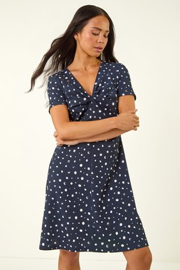Roman Petite Navy Spot Print Twist Front Dress
