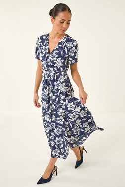 Roman Petite Floral Print Wrap Front Dress