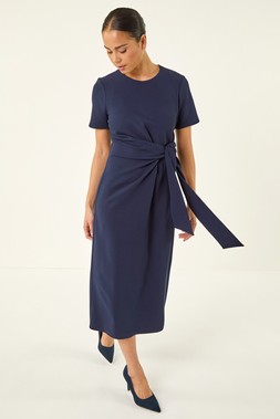 Roman Petite Navy Tie Waist Stretch Midi Dress