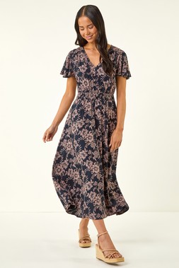 Roman Petite Navy Floral Shirred Midi Dress