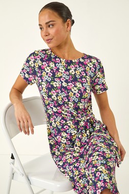 Roman Petite Navy Floral Side Tie Midi Dress