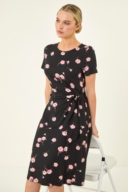 Roman Petite Black Floral Side Tie Midi Dress