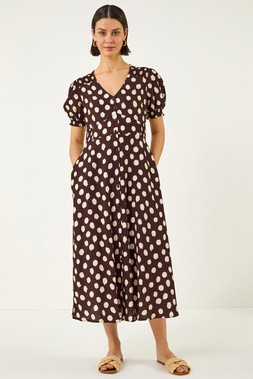 Roman Chocolate Spot Print Button Midi Dress