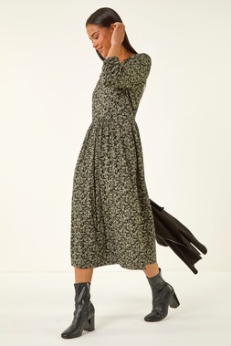 Roman Petite Khaki Floral Midi Dress