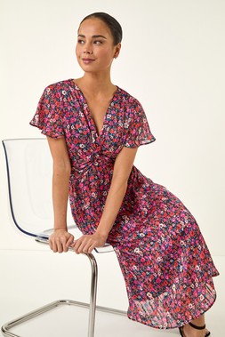 Roman Petite Ditsy Floral Twist Midi Dress