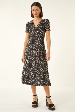 Roman Black Floral Print Twist Front Stretch Dress