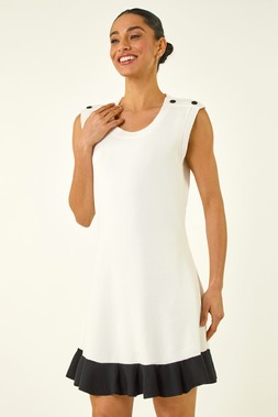 Dusk Ivory Contrast Knit Fluted Hem Dress