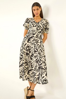 Roman Black Abstract Print Button Midi Dress