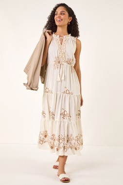 Roman Ivory Floral Print Tiered Maxi Dress